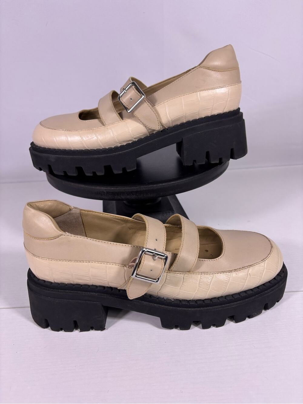 Free People Stella Platform Mary Jane Shoes Chunky Lug Sole Croc Leather Size 40